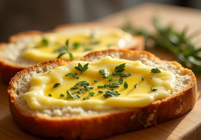 Rebanadas de pan rústico recién horneadas untadas con mantequilla de ajo y hierbas frescas