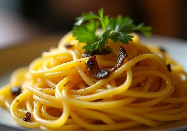 Pasta al aglio e olio preparada con exquisito ajo negro y perejil fresco